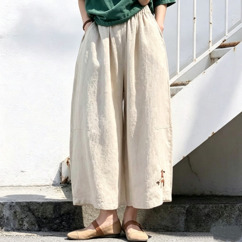 M-5XL 綿麻 アンクル丈（9分丈） 肌触り柔らかい 刺繍 カートゥーン ビックシルエット ファッション ガウチョパンツ M レッド