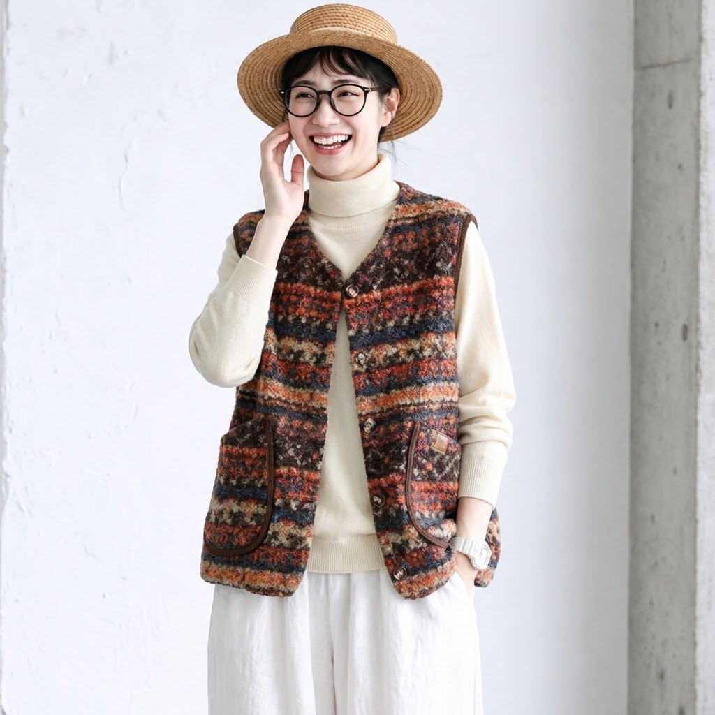 M-2XL ラムウール 配色 ボーダー ボタン フェミニン ベスト M 写真通り