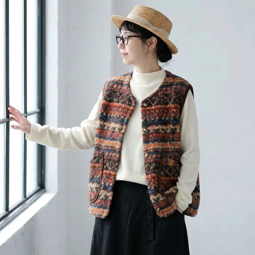 M-2XL ラムウール 配色 ボーダー ボタン フェミニン ベスト M 写真通り