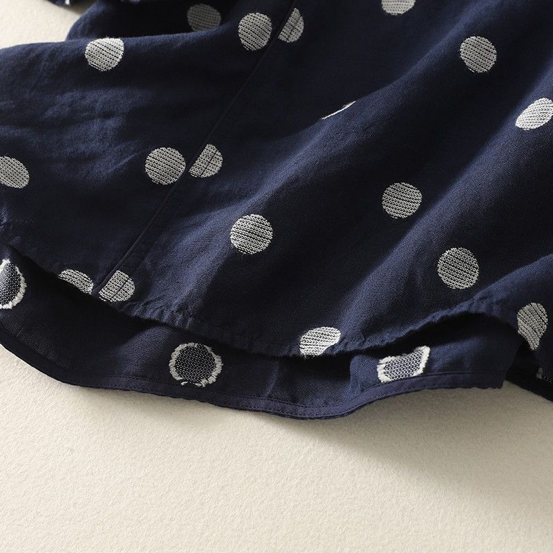 S~XL リネン×コットン混 ドット刺繍 通気性 夏でも涼しい ブラウス S ブルー