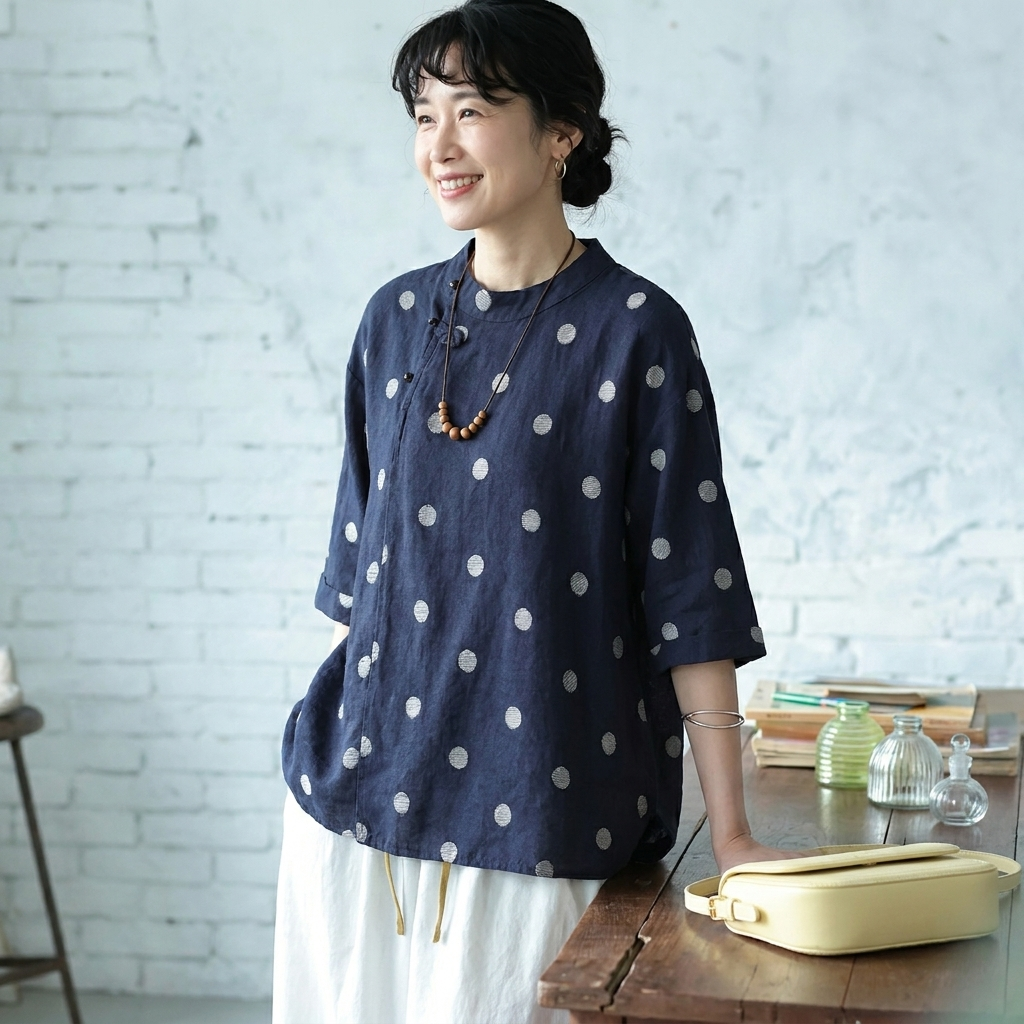 S~XL リネン×コットン混 ドット刺繍 通気性 夏でも涼しい ブラウス S ブルー