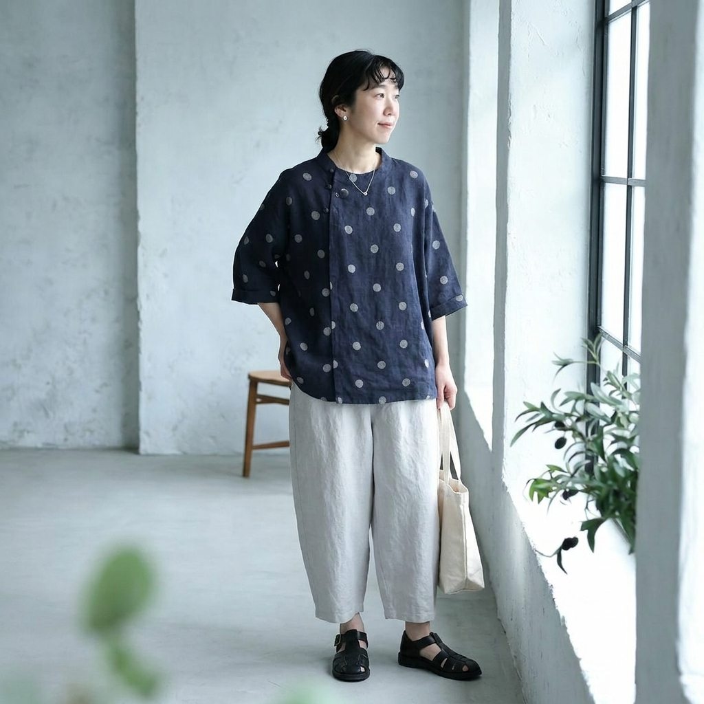 S~XL リネン×コットン混 ドット刺繍 通気性 夏でも涼しい ブラウス S ブルー