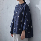 S~XL リネン×コットン混 ドット刺繍 通気性 夏でも涼しい ブラウス S ブルー