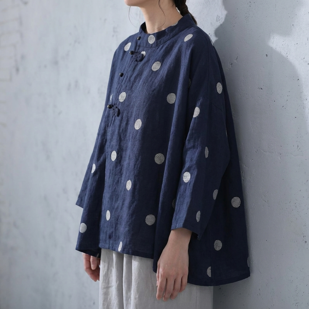 S~XL リネン×コットン混 ドット刺繍 通気性 夏でも涼しい ブラウス S ブルー