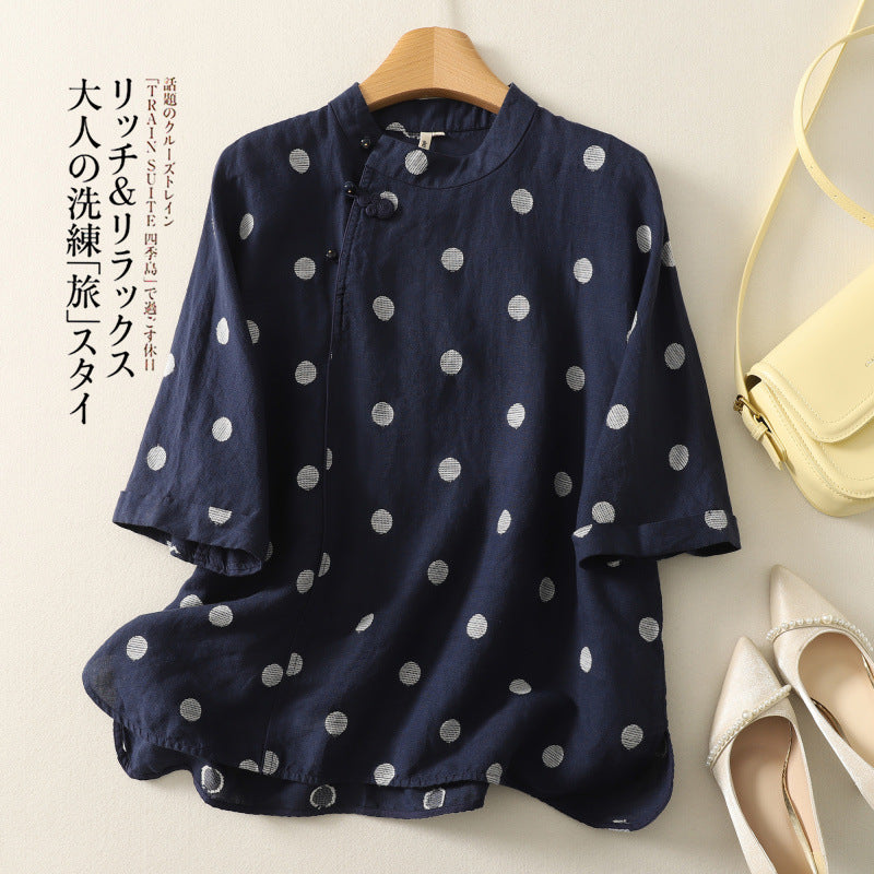 S~XL リネン×コットン混 ドット刺繍 通気性 夏でも涼しい ブラウス S ブルー