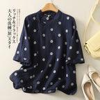 S~XL リネン×コットン混 ドット刺繍 通気性 夏でも涼しい ブラウス S ブルー