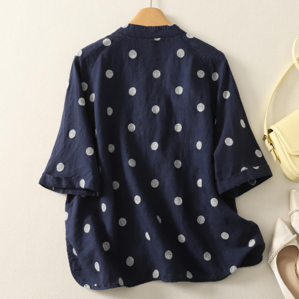S~XL リネン×コットン混 ドット刺繍 通気性 夏でも涼しい ブラウス S ブルー