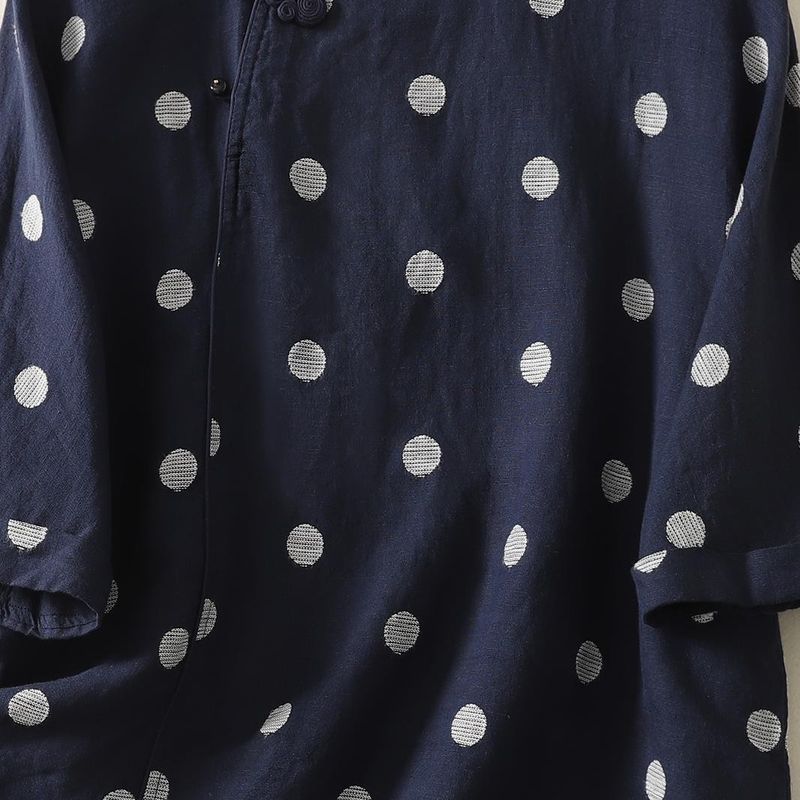 S~XL リネン×コットン混 ドット刺繍 通気性 夏でも涼しい ブラウス S ブルー