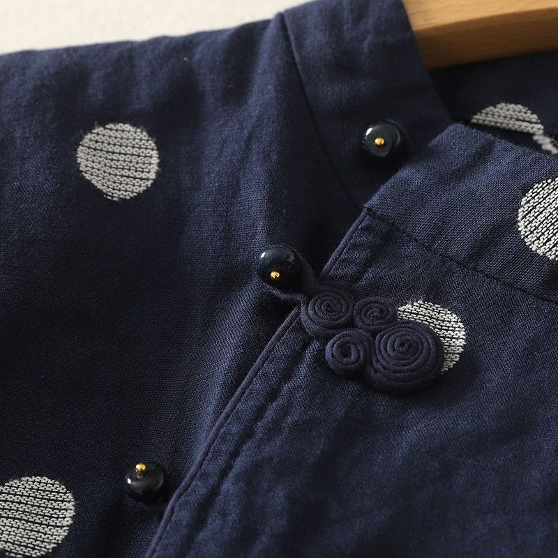 S~XL リネン×コットン混 ドット刺繍 通気性 夏でも涼しい ブラウス S ブルー