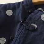 S~XL リネン×コットン混 ドット刺繍 通気性 夏でも涼しい ブラウス S ブルー