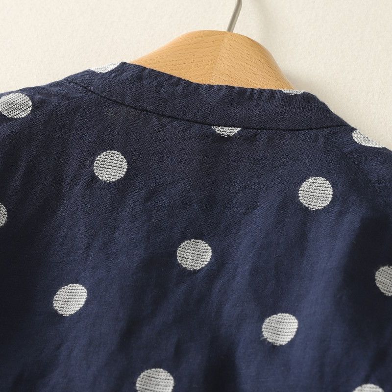 S~XL リネン×コットン混 ドット刺繍 通気性 夏でも涼しい ブラウス S ブルー