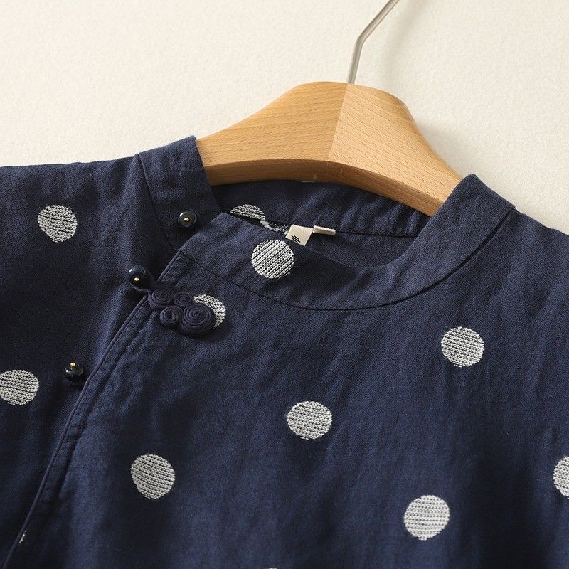 S~XL リネン×コットン混 ドット刺繍 通気性 夏でも涼しい ブラウス S ブルー