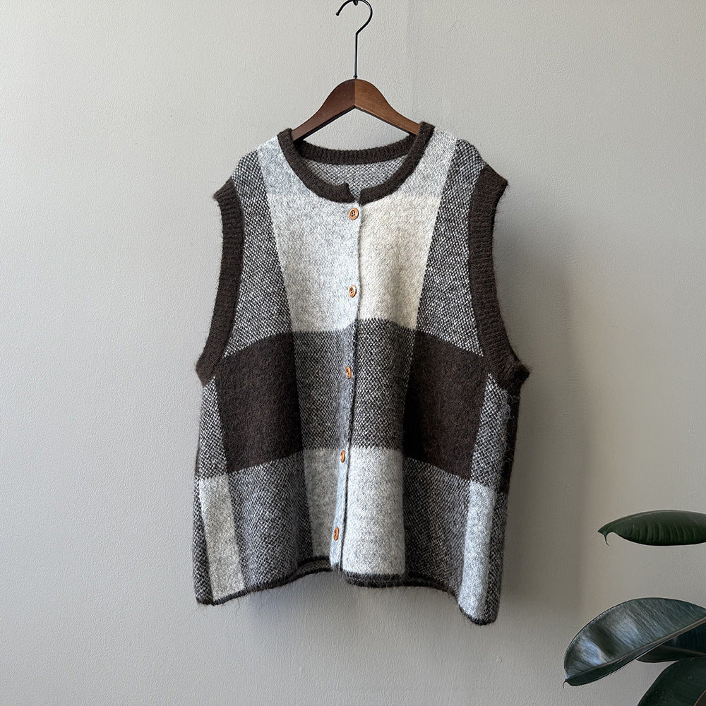 M-3XL ニット チェック柄 レトロ ベスト M ブラウン