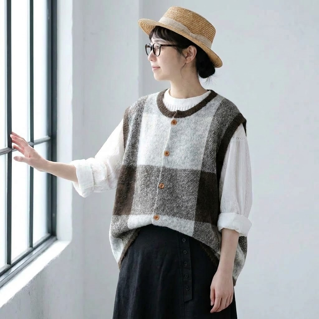 M-3XL ニット チェック柄 レトロ ベスト M ブラウン