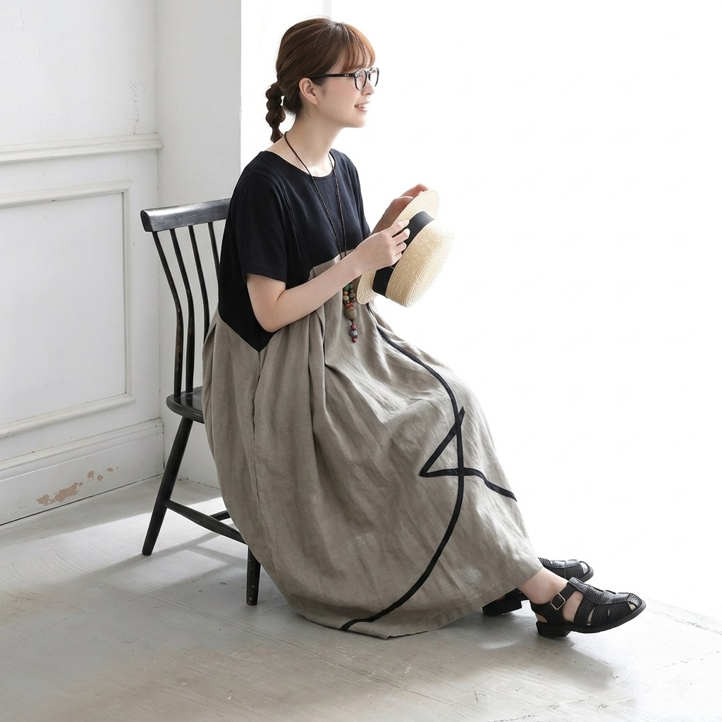 M-2XL 柔らかい肌触りストレート 配色 切り替え 半袖ワンピース M コーヒー