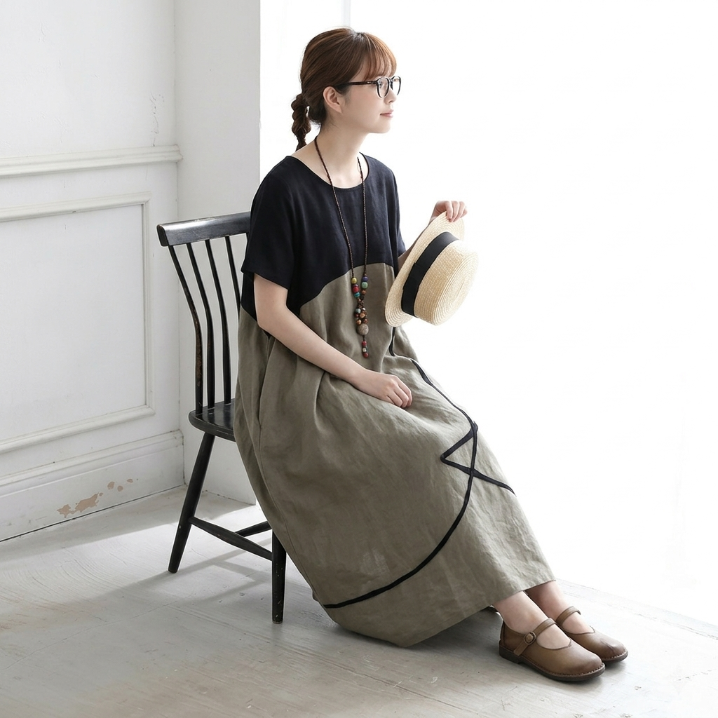 M-2XL 柔らかい肌触りストレート 配色 切り替え 半袖ワンピース M コーヒー