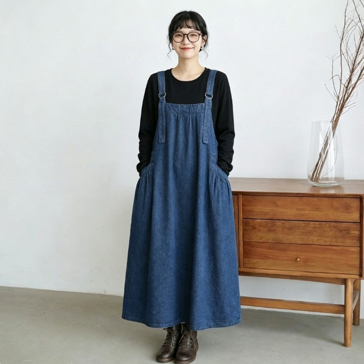 人気を獲得♡M-2XL ノースリーブ ポケット付き 無地 Aライン カジュアル デニムワンピース M ブルー