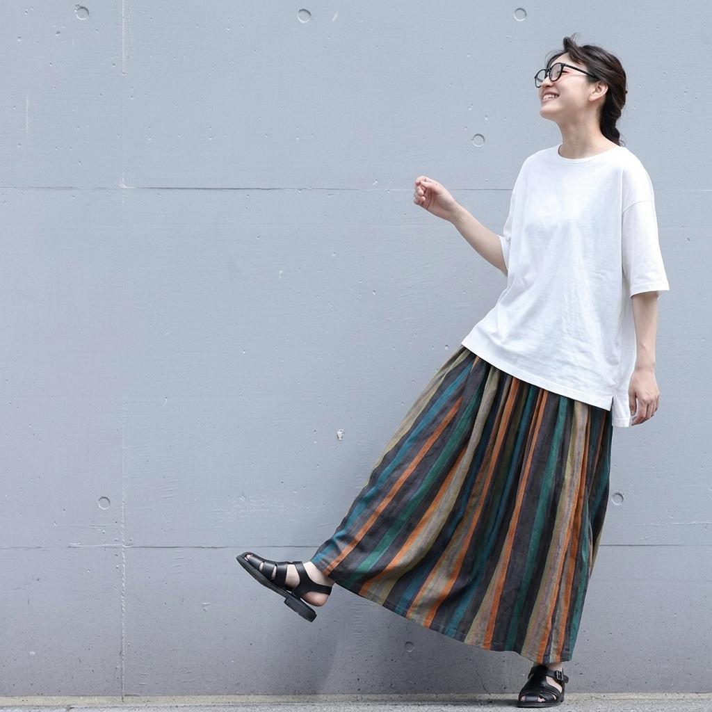 S-3XL 綿麻 配色 ストライプ柄 Aライン 通勤 スカート ストライプ柄 S 写真通り1