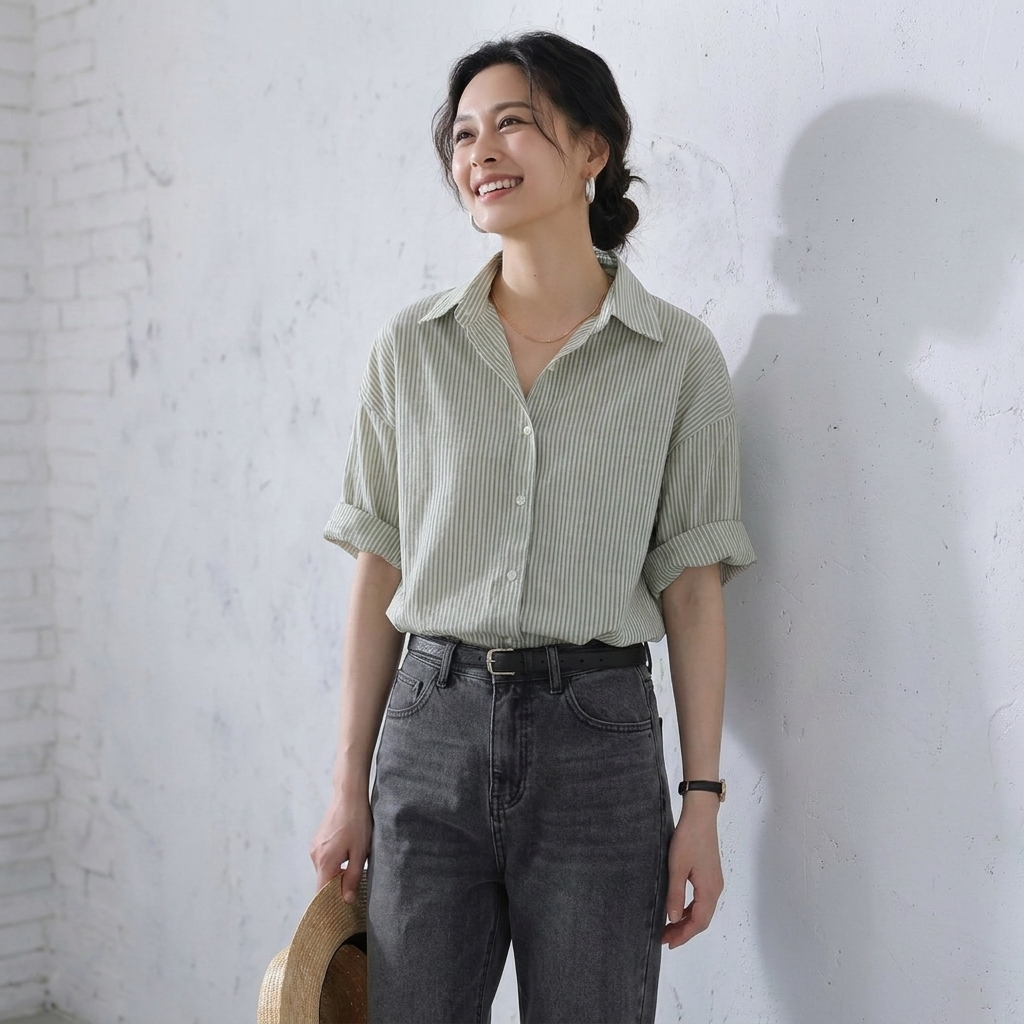 S-XL  ストライプ柄 心地よい デザイン 半袖 ブラウス S グレーグリーンストライプ