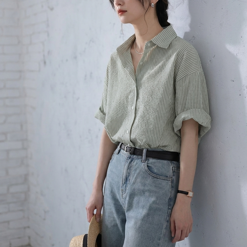 S-XL  ストライプ柄 心地よい デザイン 半袖 ブラウス S グレーグリーンストライプ