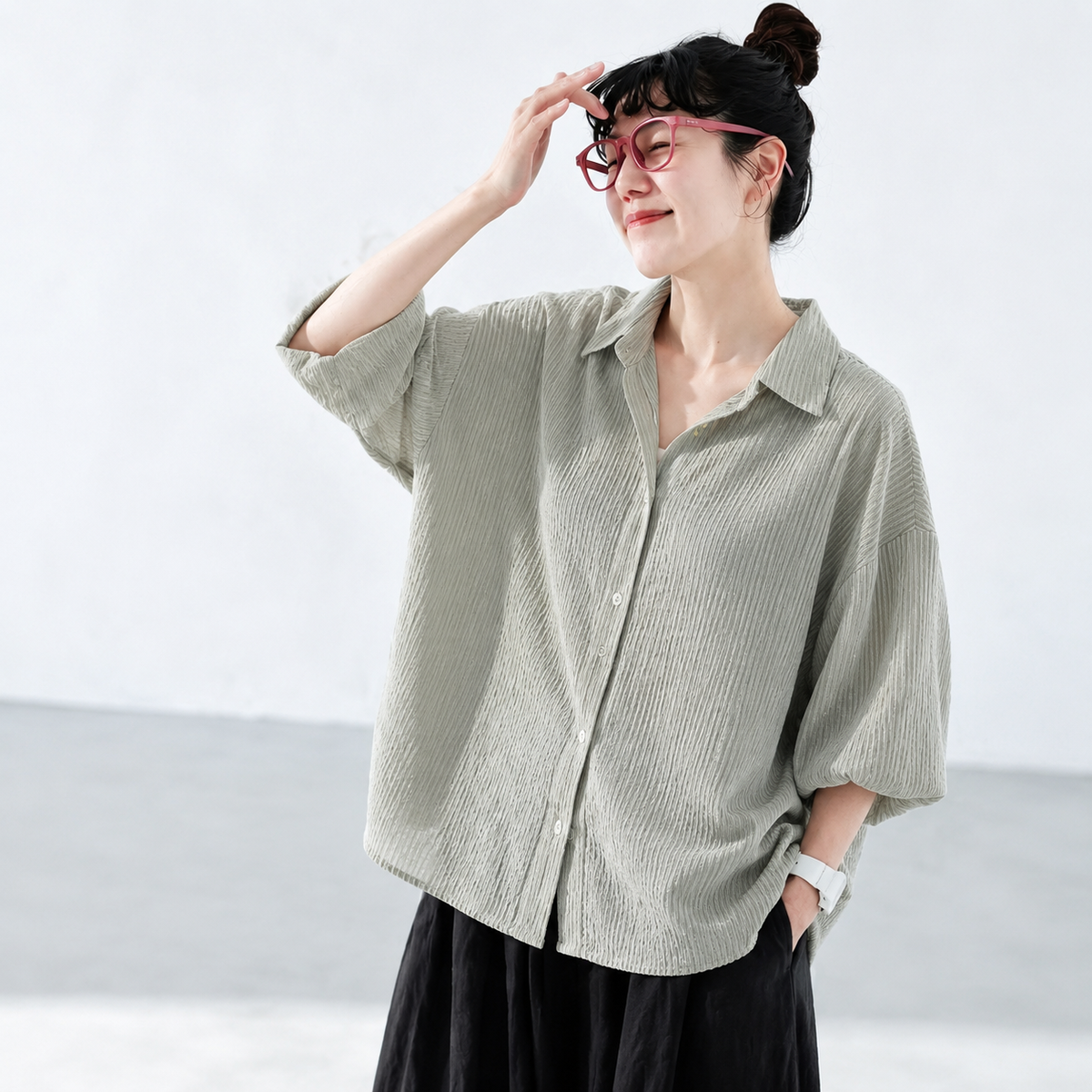 S-XL  ストライプ柄 心地よい デザイン 半袖 ブラウス S グレーグリーンストライプ