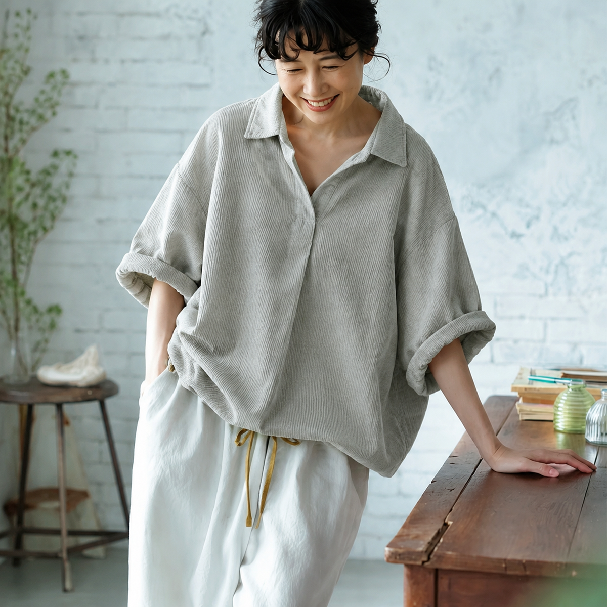 S-XL  ストライプ柄 心地よい デザイン 半袖 ブラウス S グレーグリーンストライプ