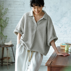 S-XL  ストライプ柄 心地よい デザイン 半袖 ブラウス S グレーグリーンストライプ