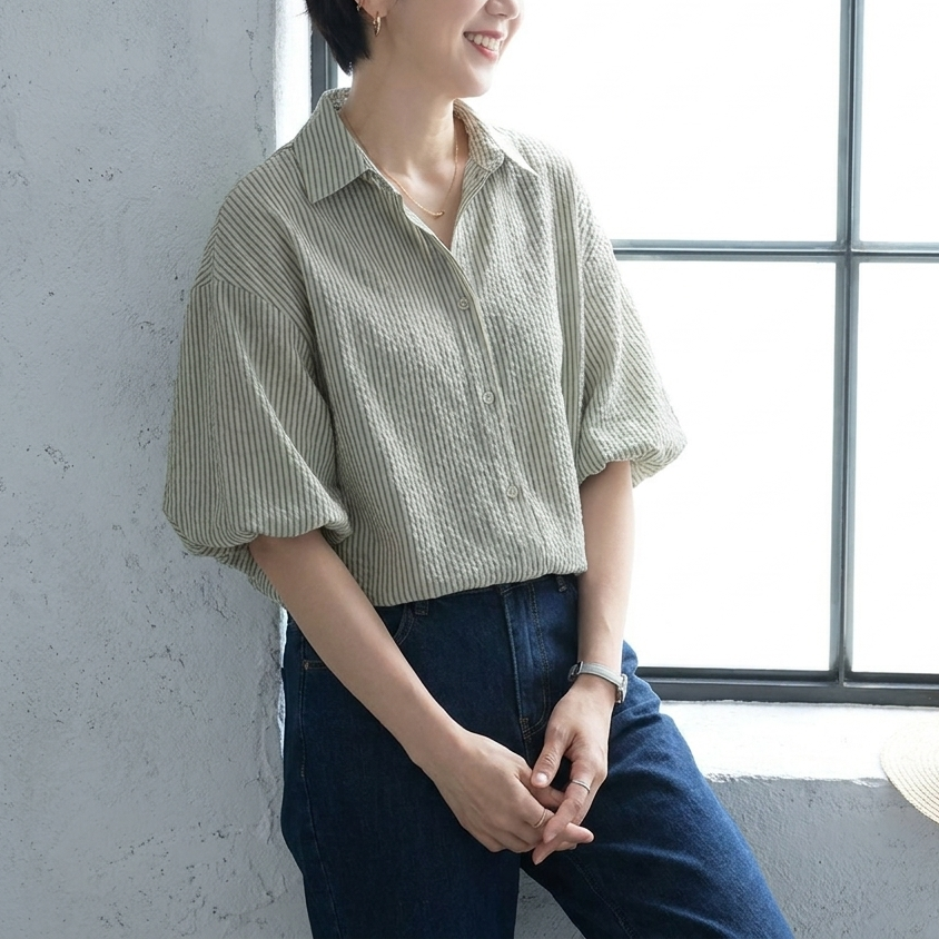 S-XL  ストライプ柄 心地よい デザイン 半袖 ブラウス S グレーグリーンストライプ