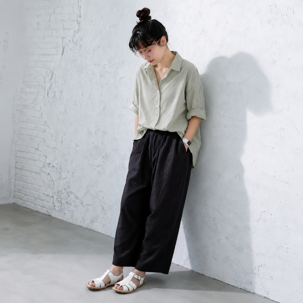 S-XL  ストライプ柄 心地よい デザイン 半袖 ブラウス S グレーグリーンストライプ