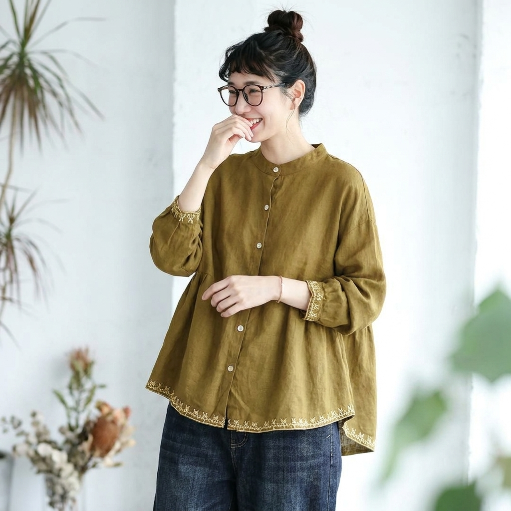 M-4XL コットン 刺繍 柔らかい肌触り 毎日使える 長袖 シャツ M イエロー