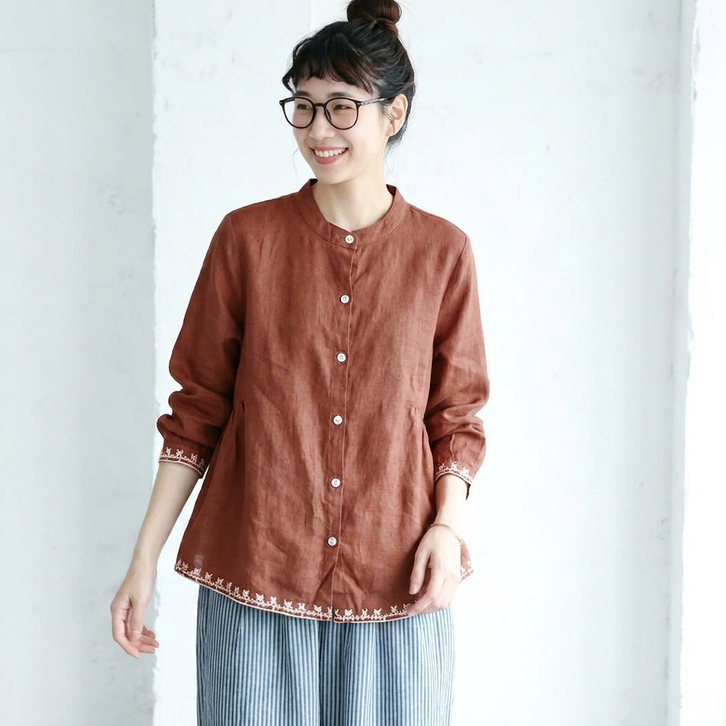 M-4XL コットン 刺繍 柔らかい肌触り 毎日使える 長袖 シャツ M ワインレッド