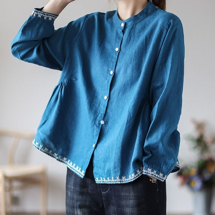 M-4XL コットン 刺繍 柔らかい肌触り 毎日使える 長袖 シャツ M ブルー