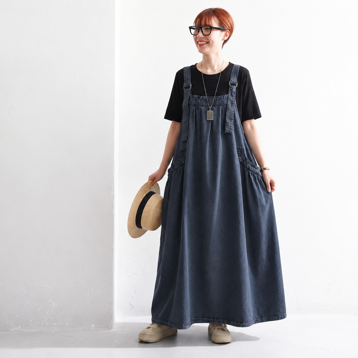 M-2XL デニム 夏でも涼しい 無地 ポケット付き お散歩に ノースリーブワンピース M ブルー