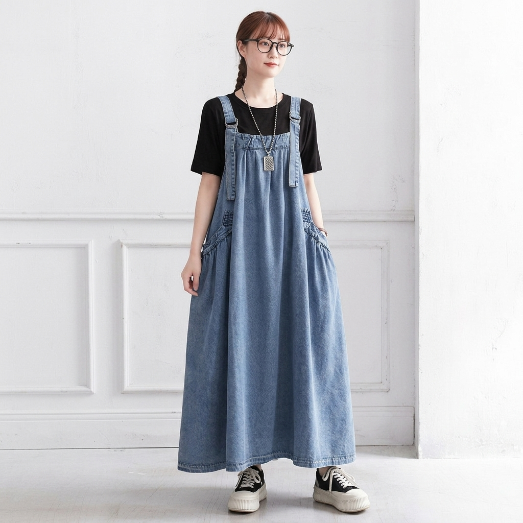 M-2XL デニム 夏でも涼しい 無地 ポケット付き お散歩に ノースリーブワンピース M ブルー