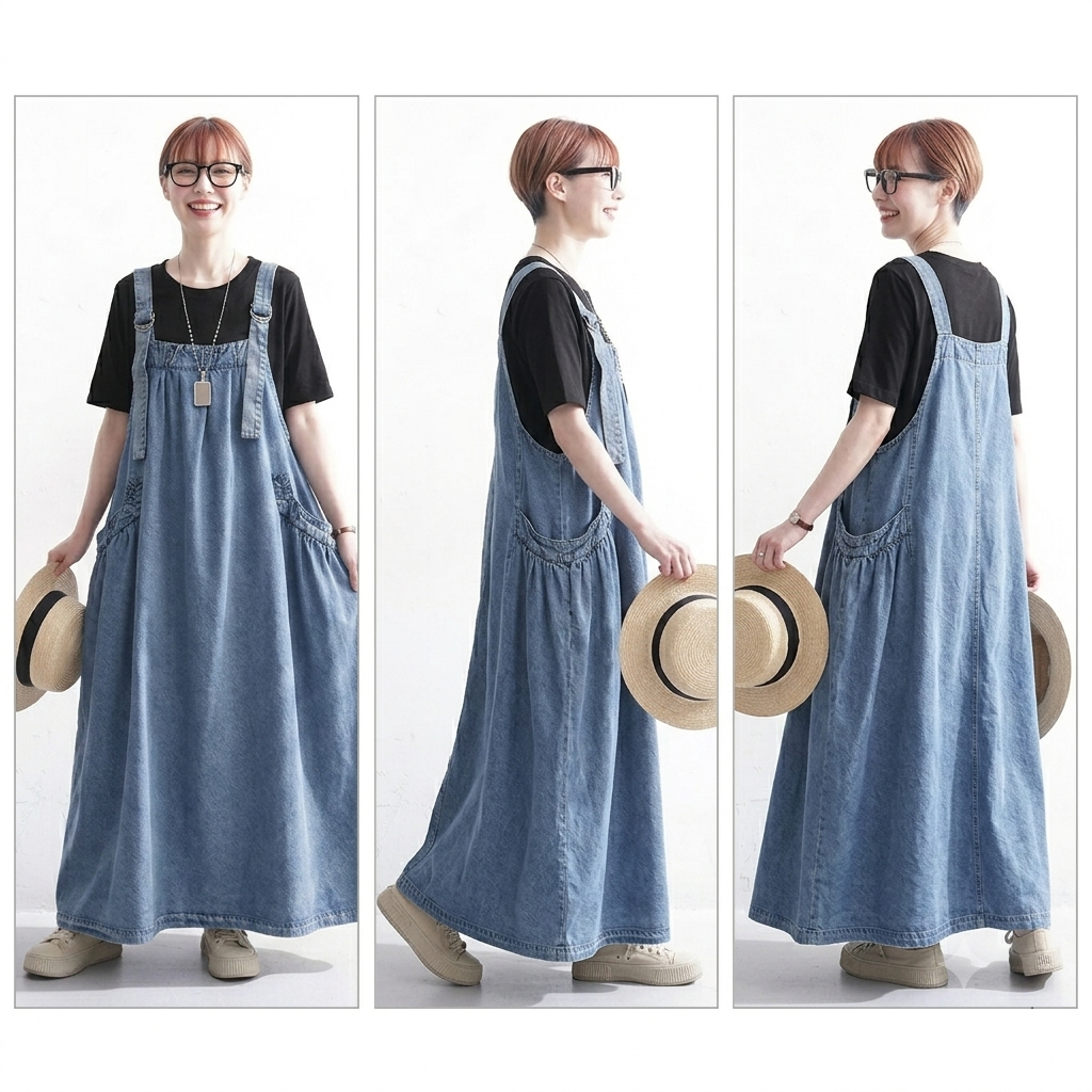 M-2XL デニム 夏でも涼しい 無地 ポケット付き お散歩に ノースリーブワンピース M ブルー