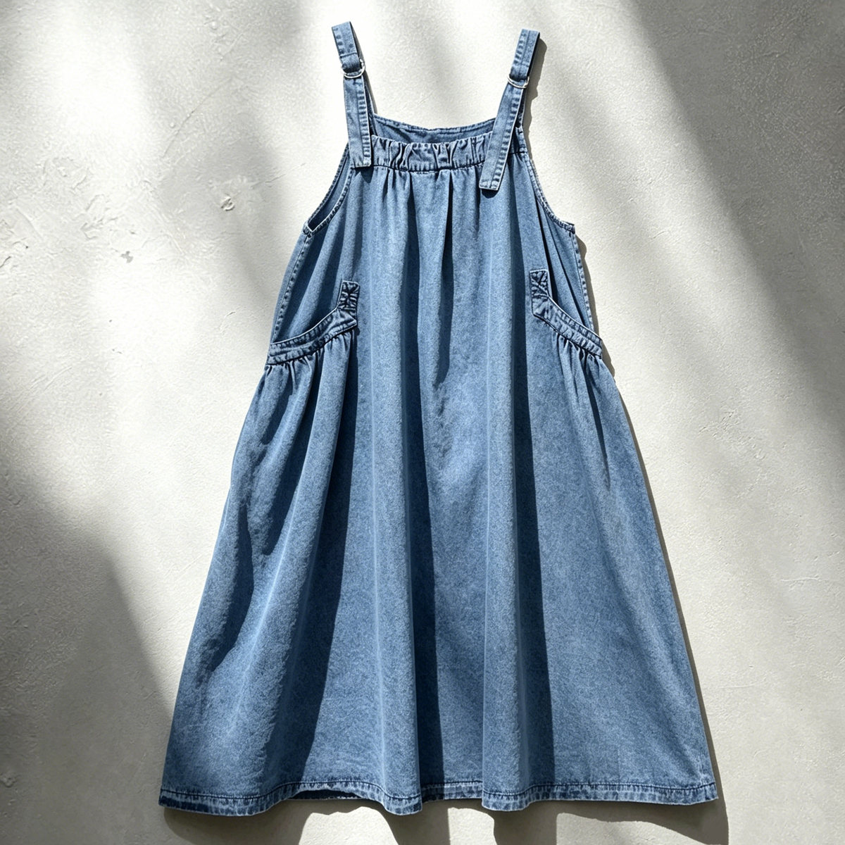 M-2XL デニム 夏でも涼しい 無地 ポケット付き お散歩に ノースリーブワンピース M ブルー