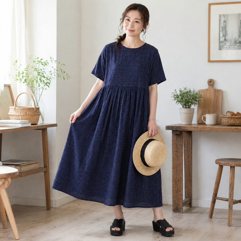 フリーサイズ コットン 無地 ポケット付き 半袖 プリント チェック柄 シンプル ワンピース フリー 画像色