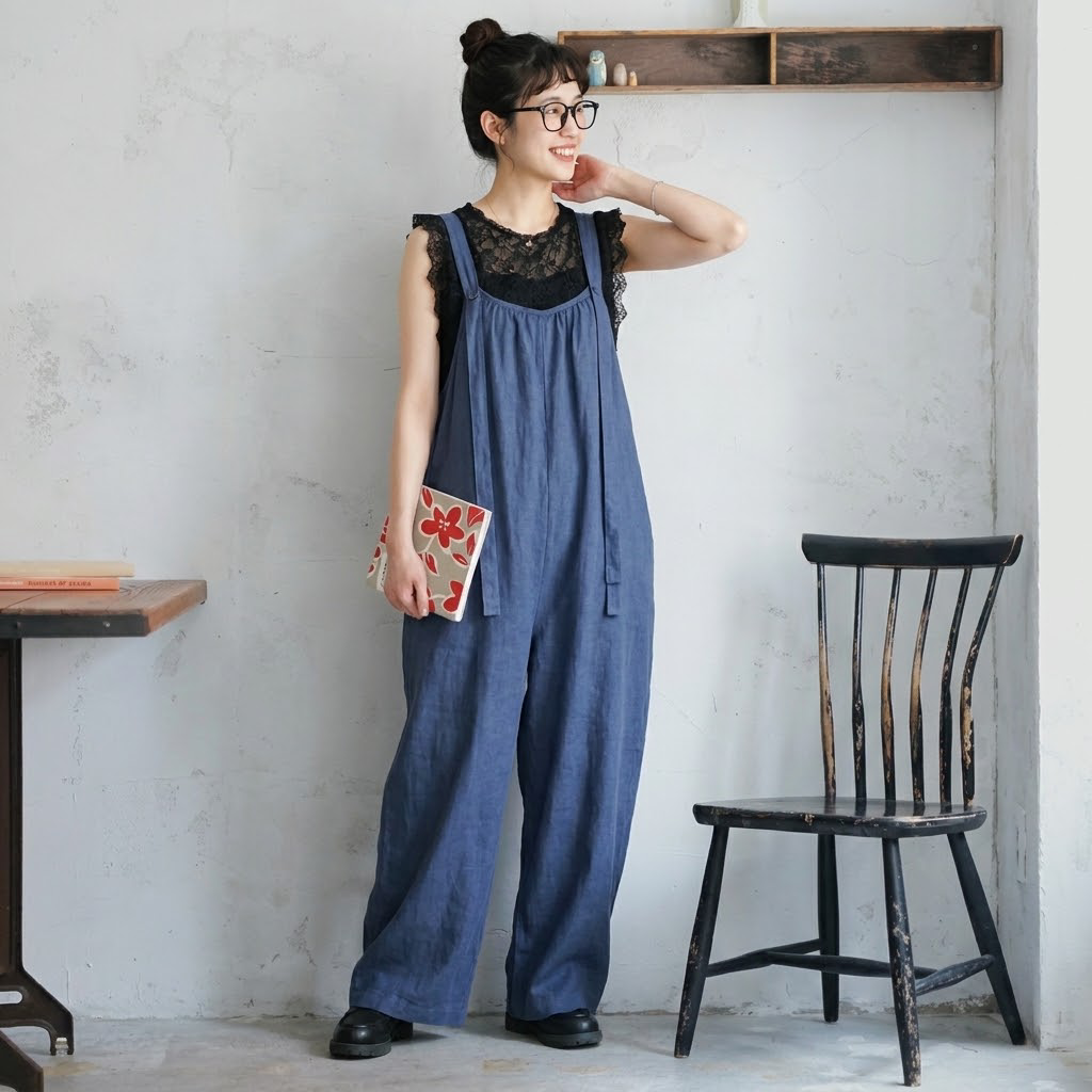 M-2XL 体型をカバー 無地 シンプル オーバーオール M ネイビー