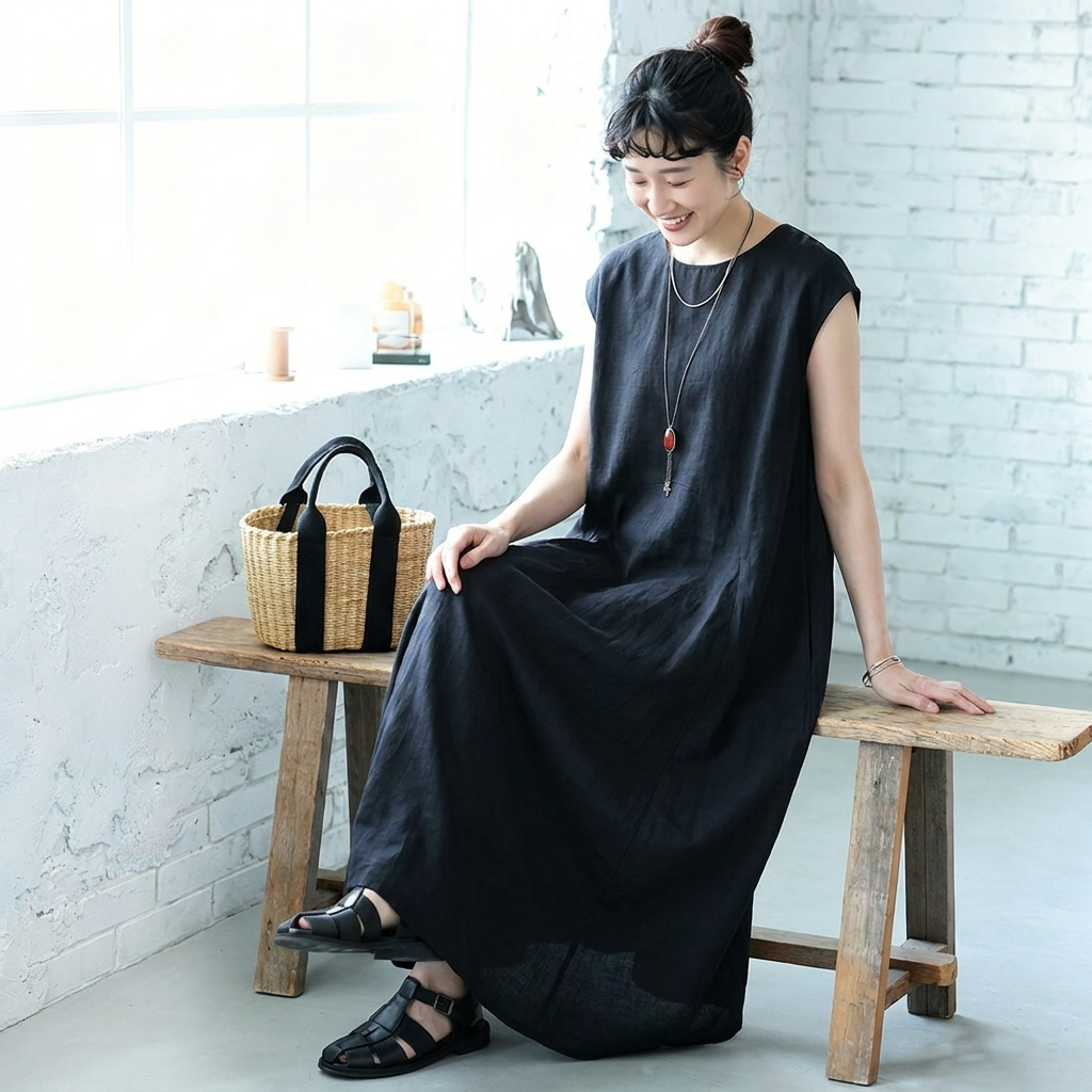 M-2XL 上品見え コーディネート自在 切り替え ノースリーブ ワンピース M ネイビー