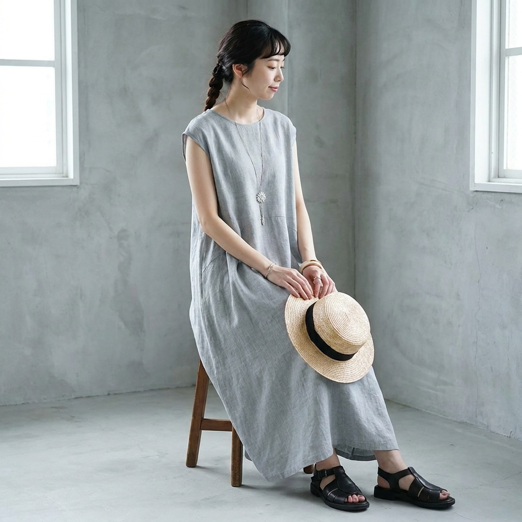 M-2XL 上品見え コーディネート自在 切り替え ノースリーブ ワンピース M グレー