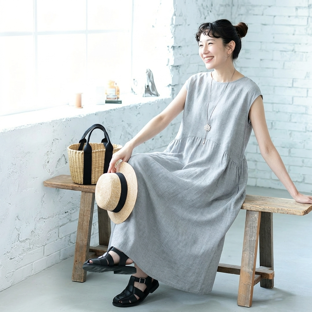 M-2XL 上品見え コーディネート自在 切り替え ノースリーブ ワンピース M グレー