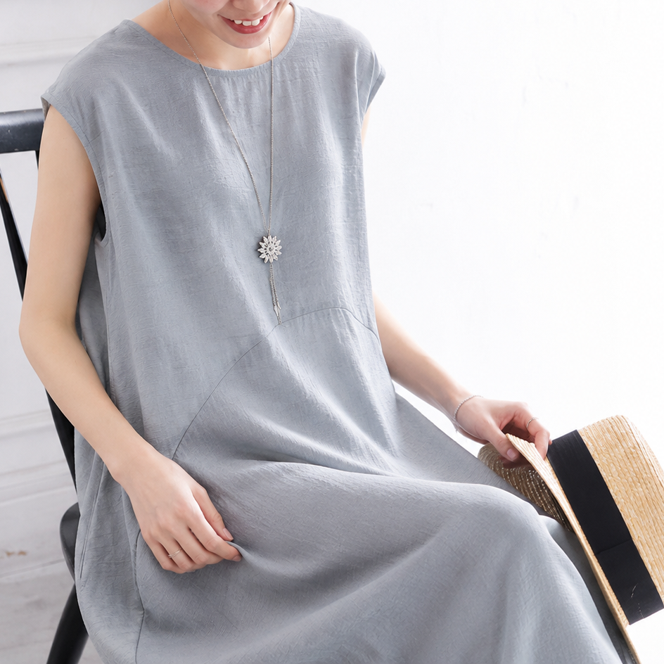 M-2XL 上品見え コーディネート自在 切り替え ノースリーブ ワンピース M グレー