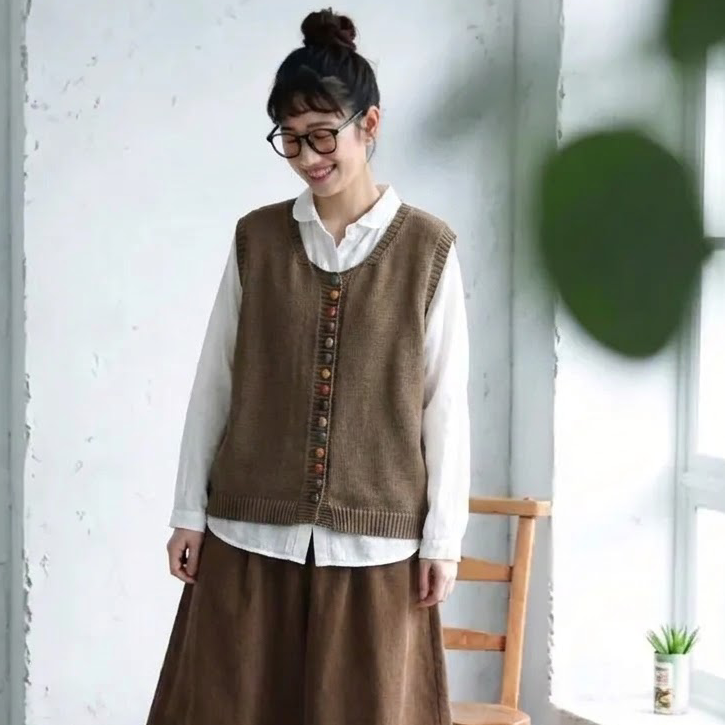S-2XL ニット ボタン ファッション ベスト S ブラウン