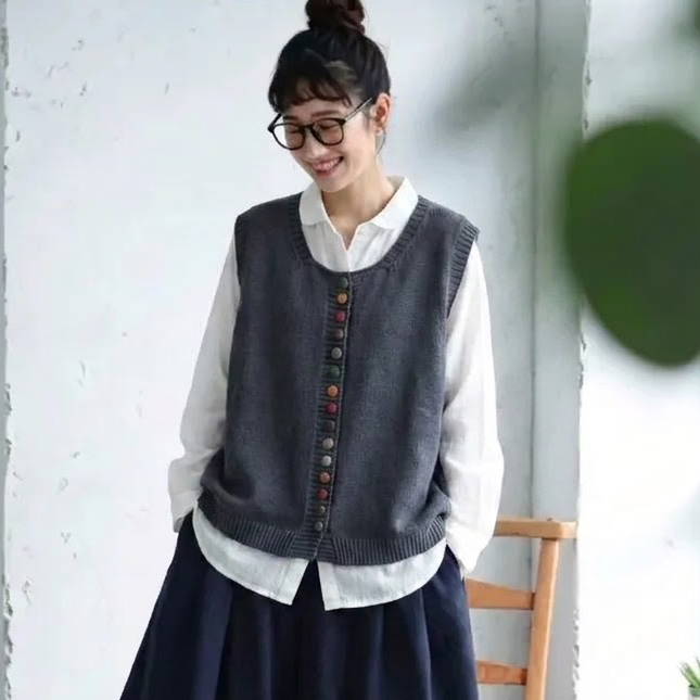 S-2XL ニット ボタン ファッション ベスト S グレー