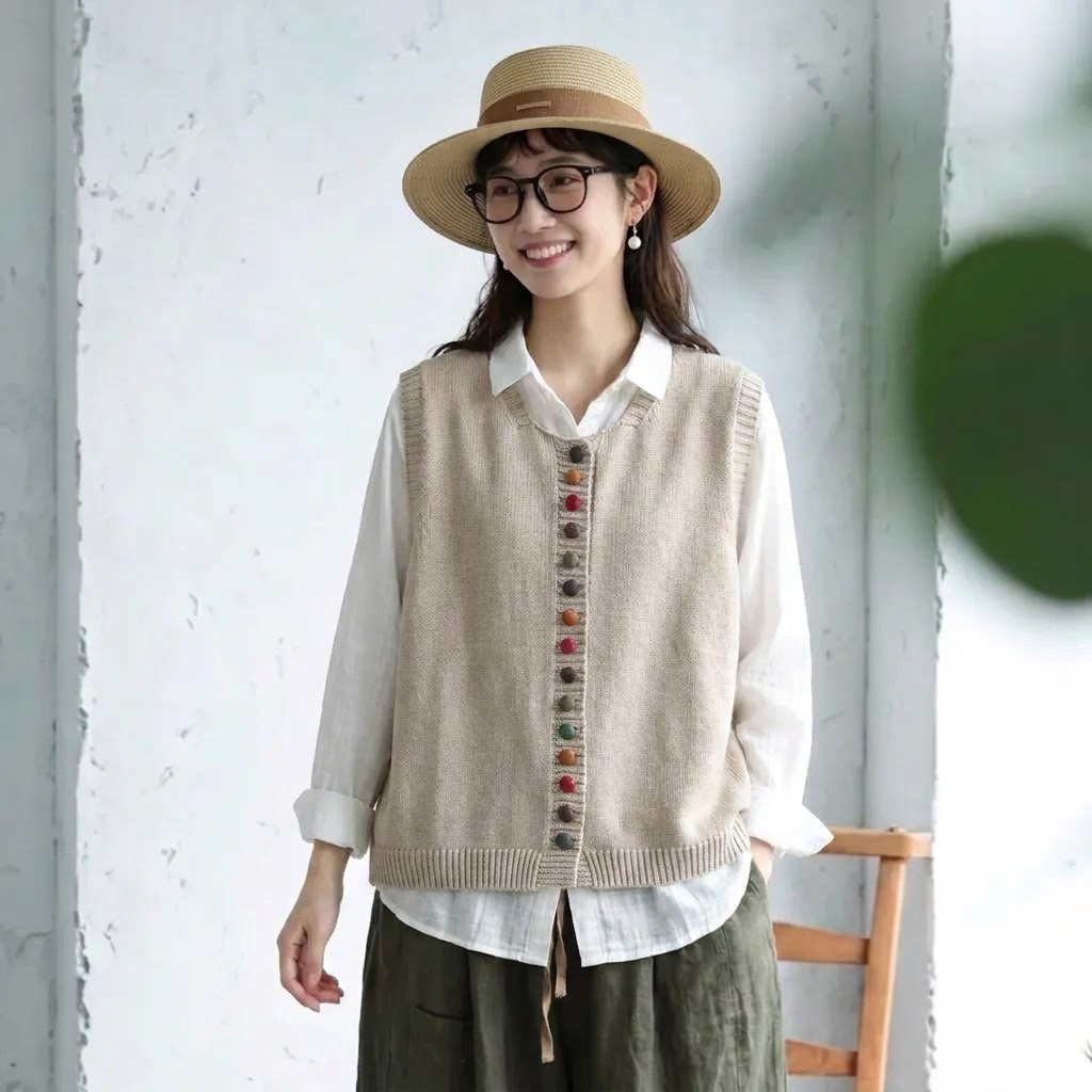 S-2XL ニット ボタン ファッション ベスト S アイボリー