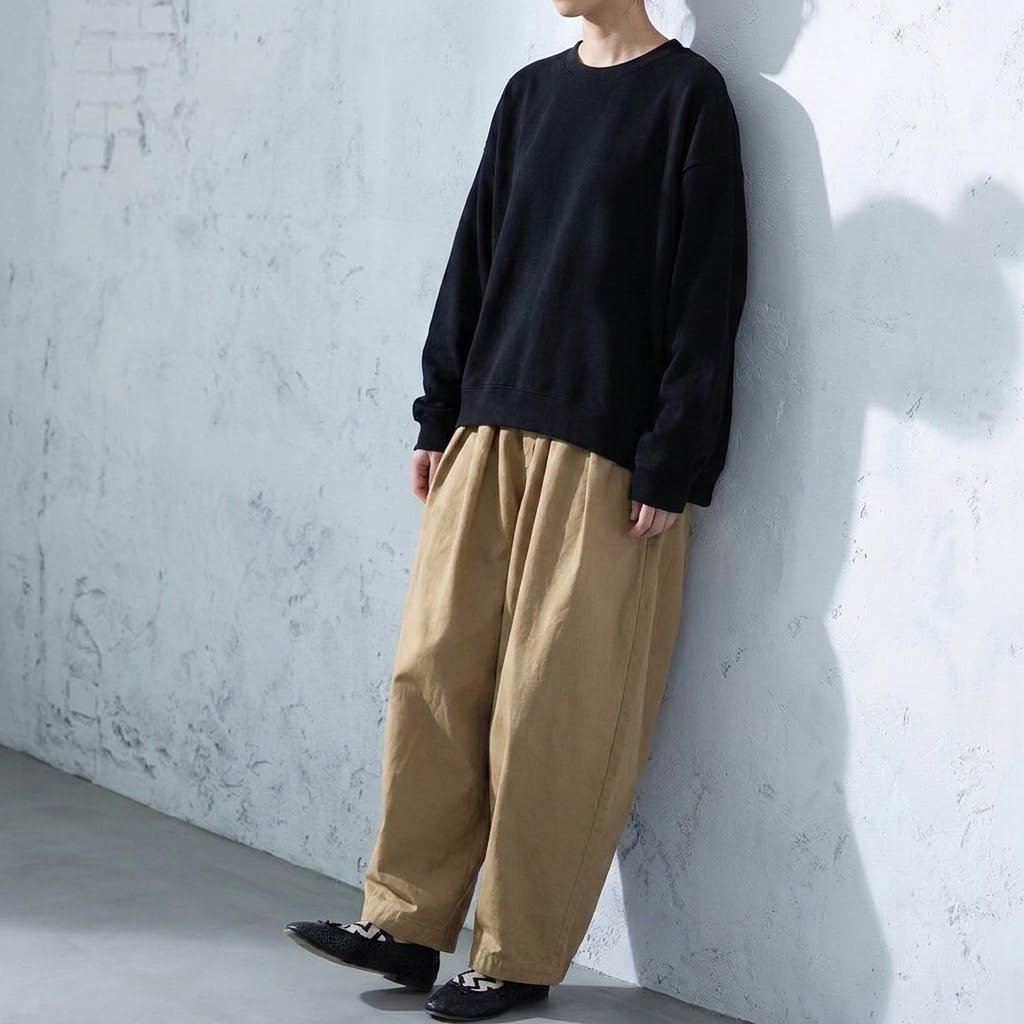 SML ナチュラル バルーンスリーブ 丸襟 ゆったり ワイドパンツ セットアップ 肌寒さ対応 S 写真通り