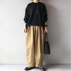 SML ナチュラル バルーンスリーブ 丸襟 ゆったり ワイドパンツ セットアップ 肌寒さ対応 S 写真通り