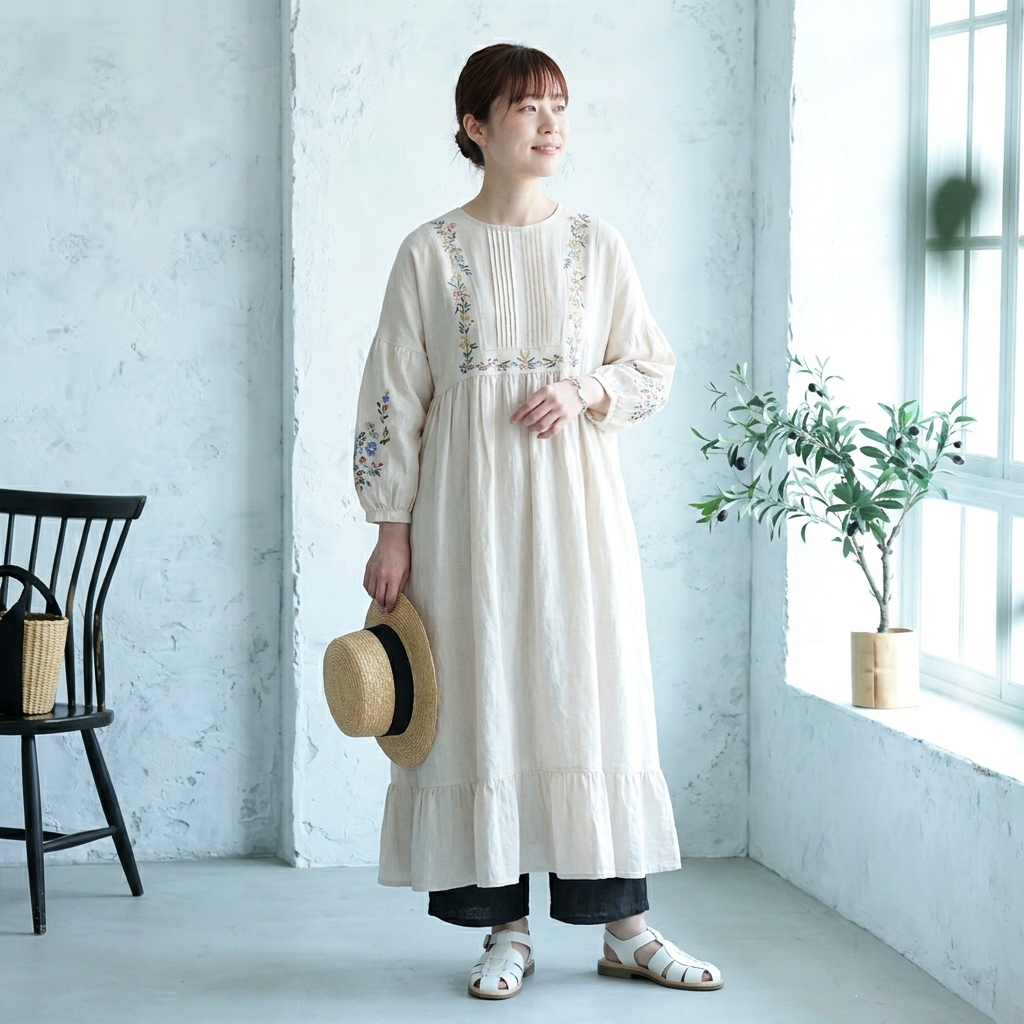 新入荷フリー 森系刺繍コットン ランタンスリーブ  Aライン リネンワンピース「リラックス＆可愛さ満点！」 フリー ベージュ