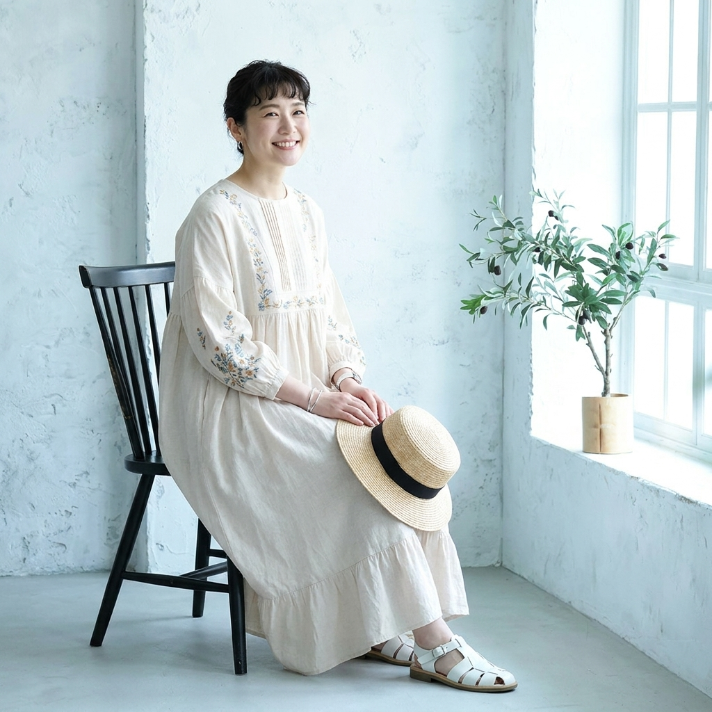 新入荷フリー 森系刺繍コットン ランタンスリーブ  Aライン リネンワンピース「リラックス＆可愛さ満点！」 フリー ベージュ