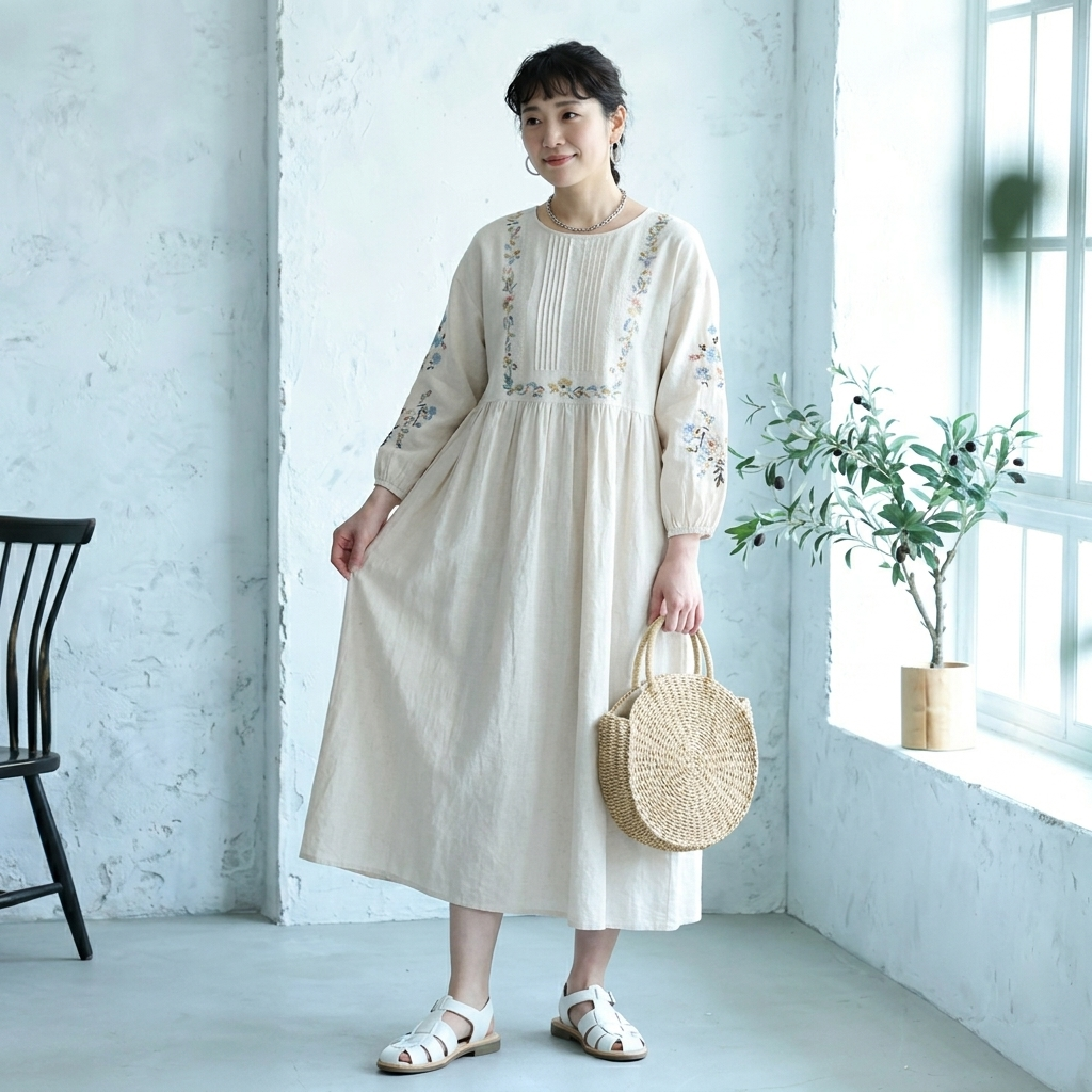新入荷フリー 森系刺繍コットン ランタンスリーブ  Aライン リネンワンピース「リラックス＆可愛さ満点！」 フリー ベージュ